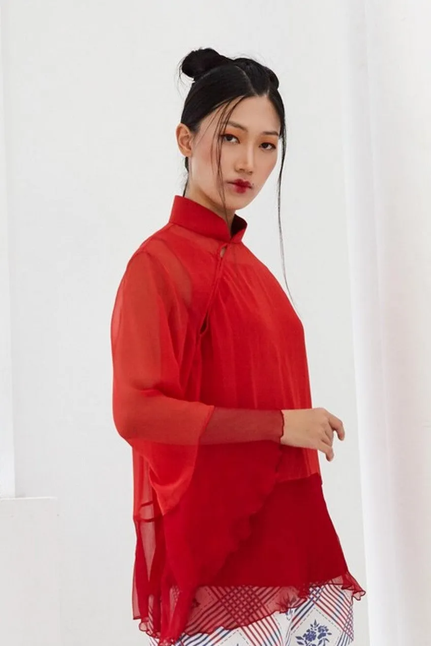 Pre-Order RED AND MAROON CHIFFON WITH RED SATIN SILK LOOSE FITTED OFF CENTERED MANDARIN COLLAR TOP WITH INNER BIAS CAMISOLE - RED