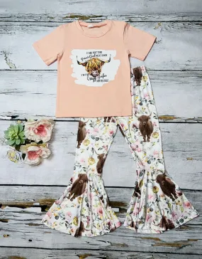 "I AM NOT THE SWEET GIRL NEXT DOOR" peach & floral bulls 2pc short sleeve set