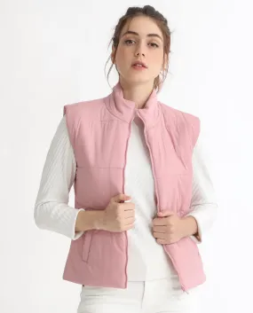 Rareism Women Glasha Sl Pink Polyester Fabric Sleeveless Solid High Neck Jacket