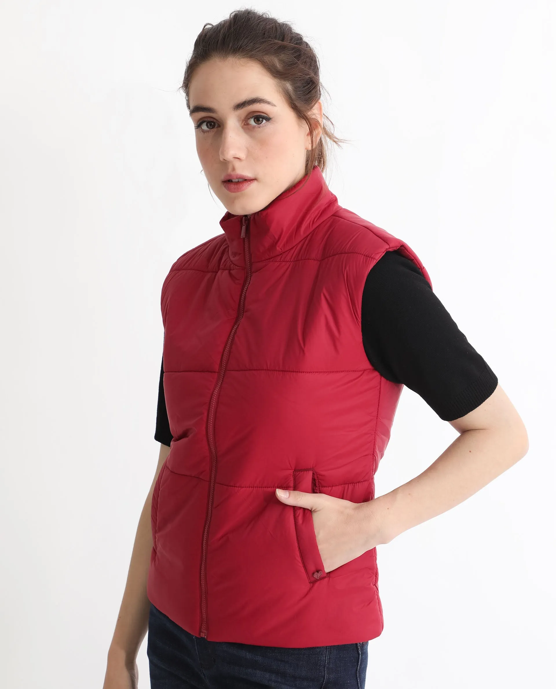 Rareism Women Glasha Sl Red Polyester Fabric Sleeveless Solid High Neck Jacket