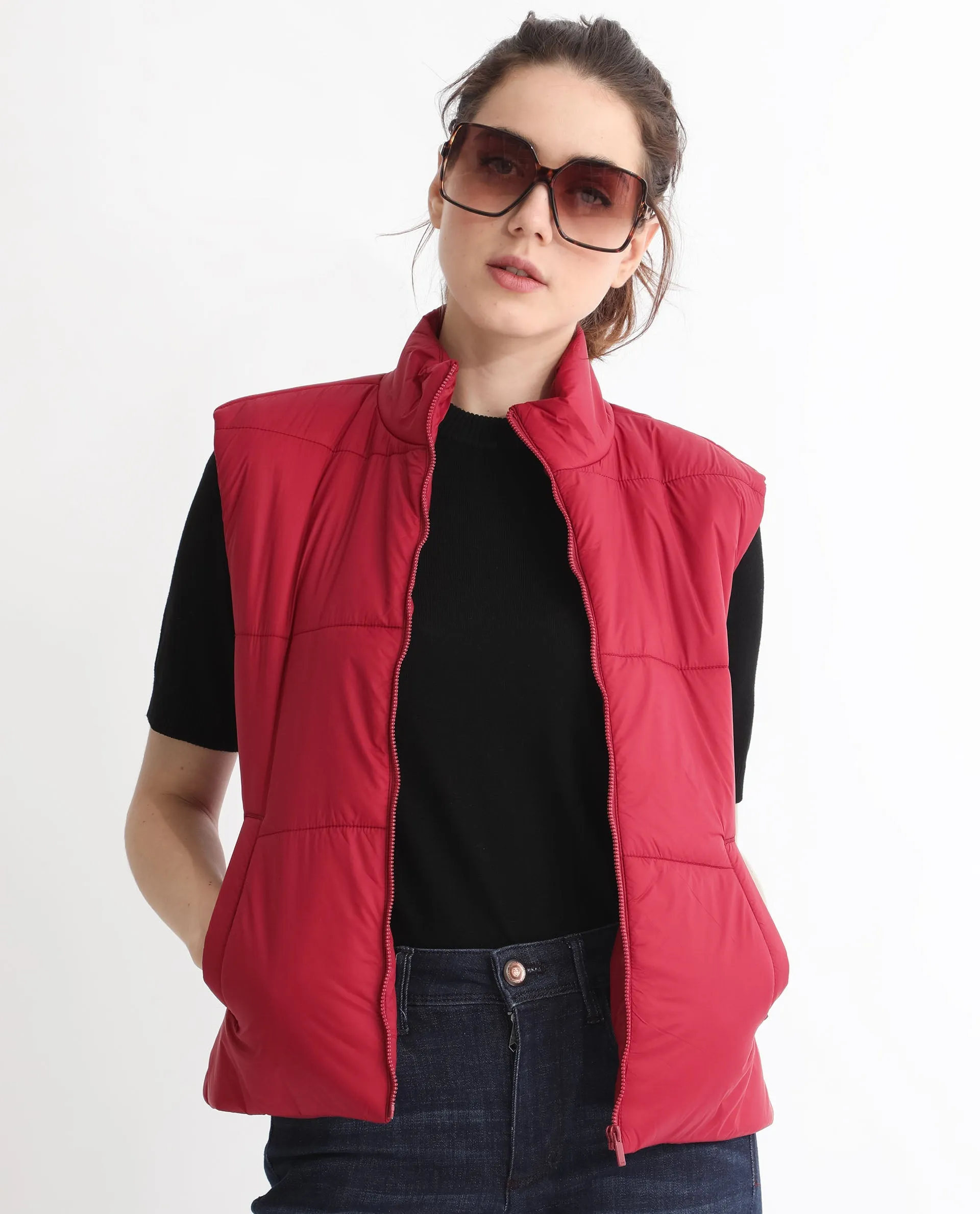 Rareism Women Glasha Sl Red Polyester Fabric Sleeveless Solid High Neck Jacket