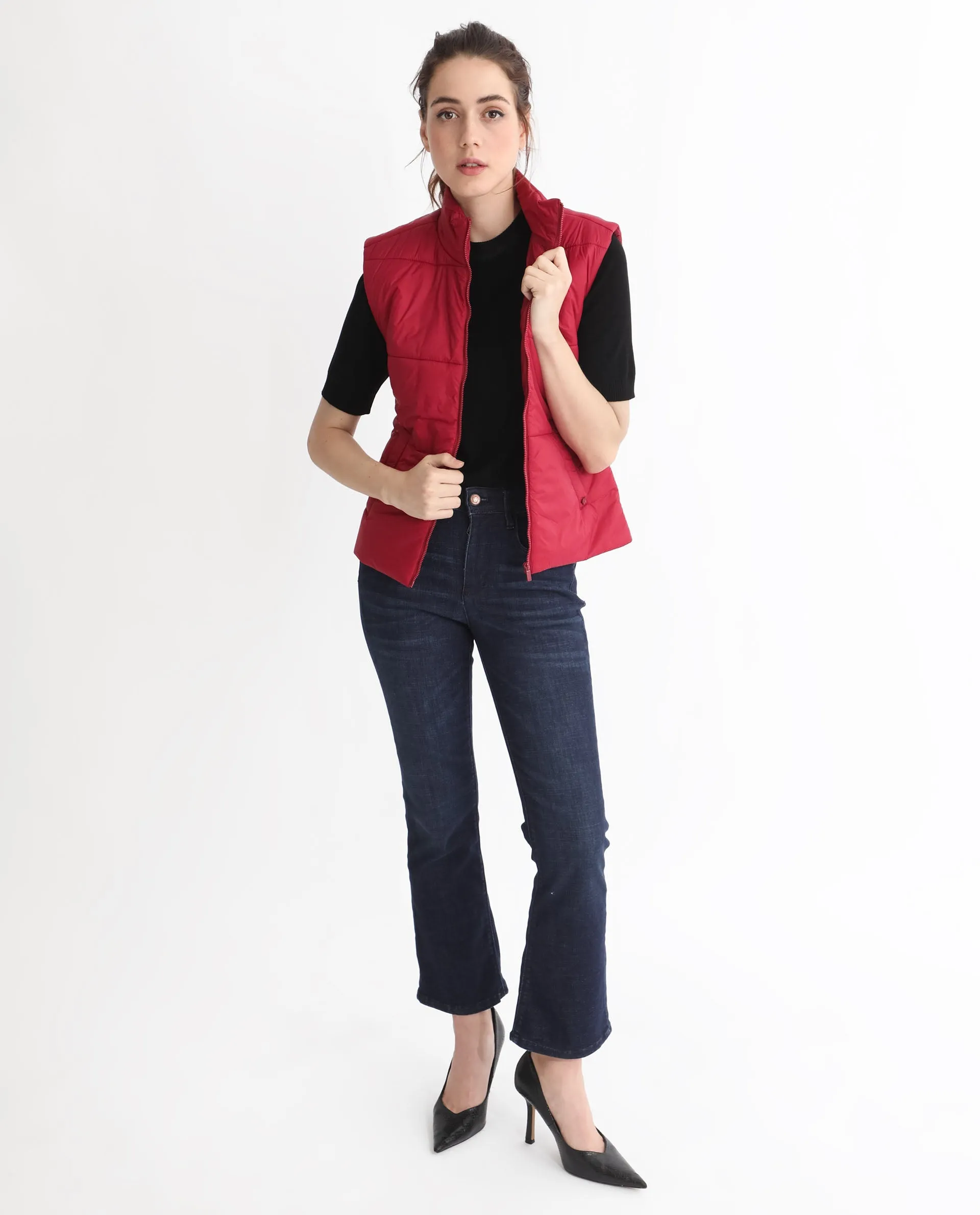 Rareism Women Glasha Sl Red Polyester Fabric Sleeveless Solid High Neck Jacket