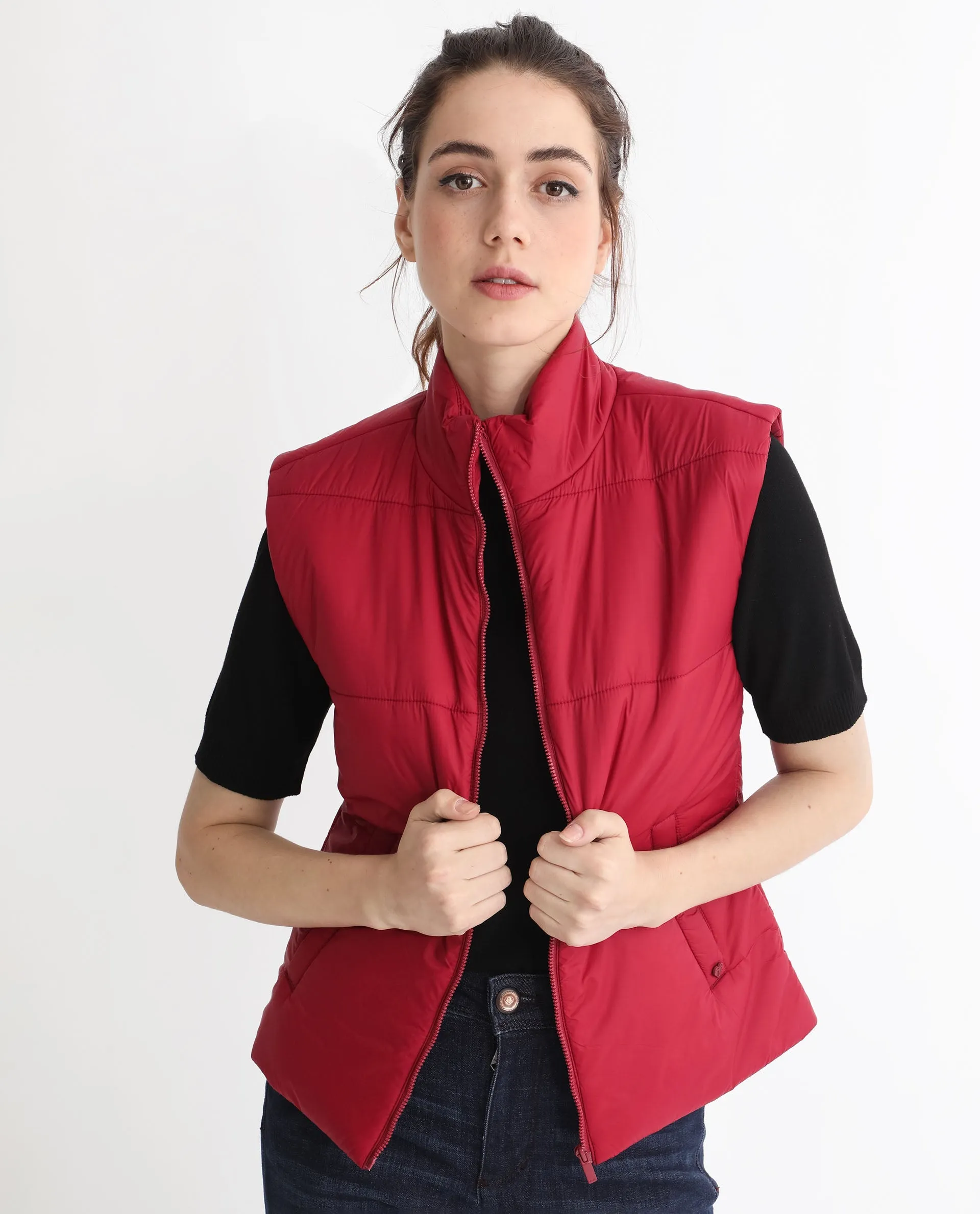 Rareism Women Glasha Sl Red Polyester Fabric Sleeveless Solid High Neck Jacket