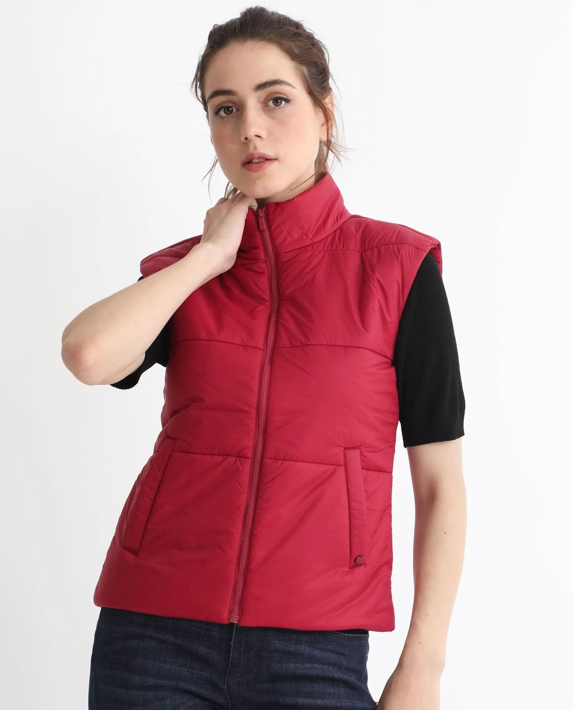 Rareism Women Glasha Sl Red Polyester Fabric Sleeveless Solid High Neck Jacket