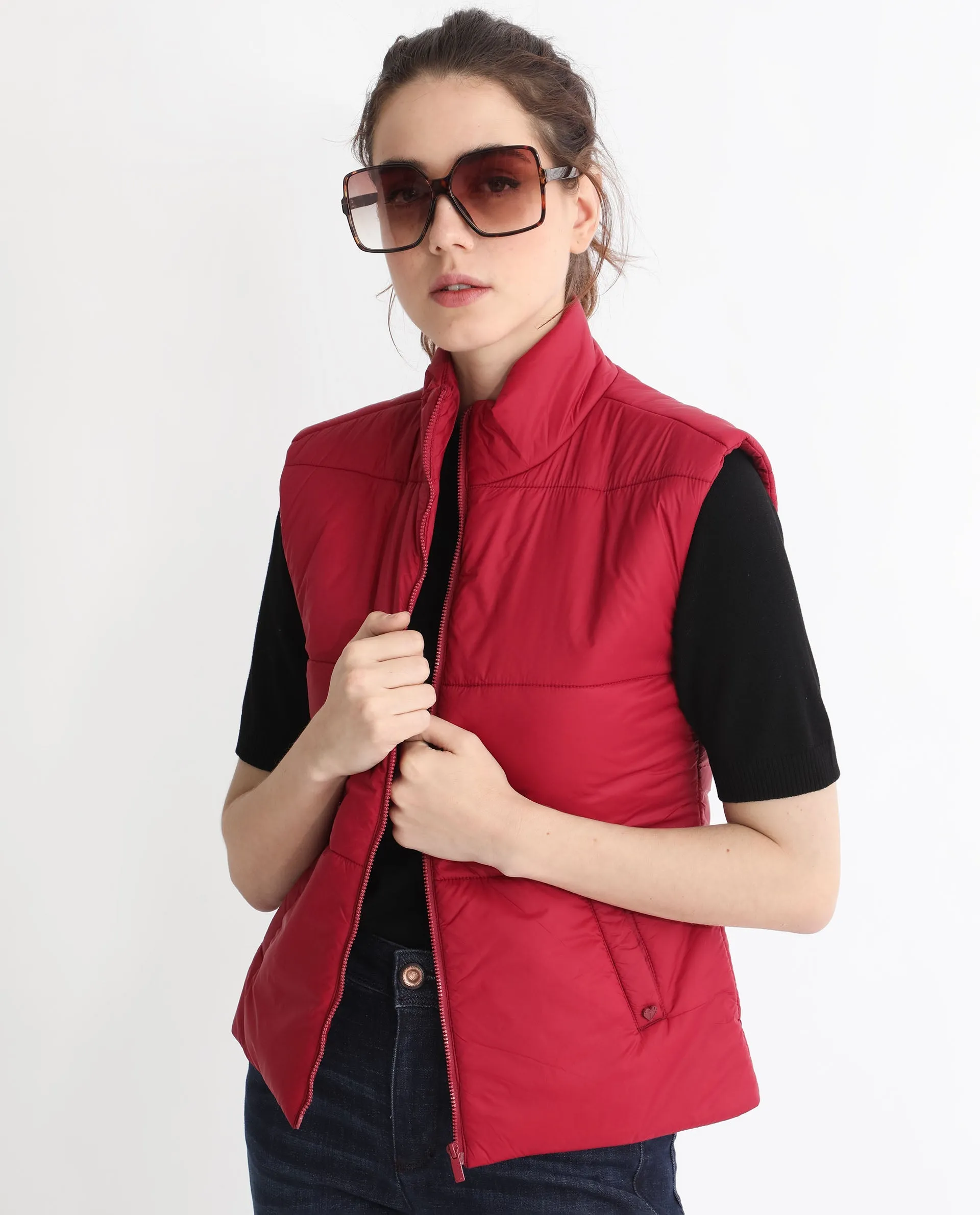 Rareism Women Glasha Sl Red Polyester Fabric Sleeveless Solid High Neck Jacket