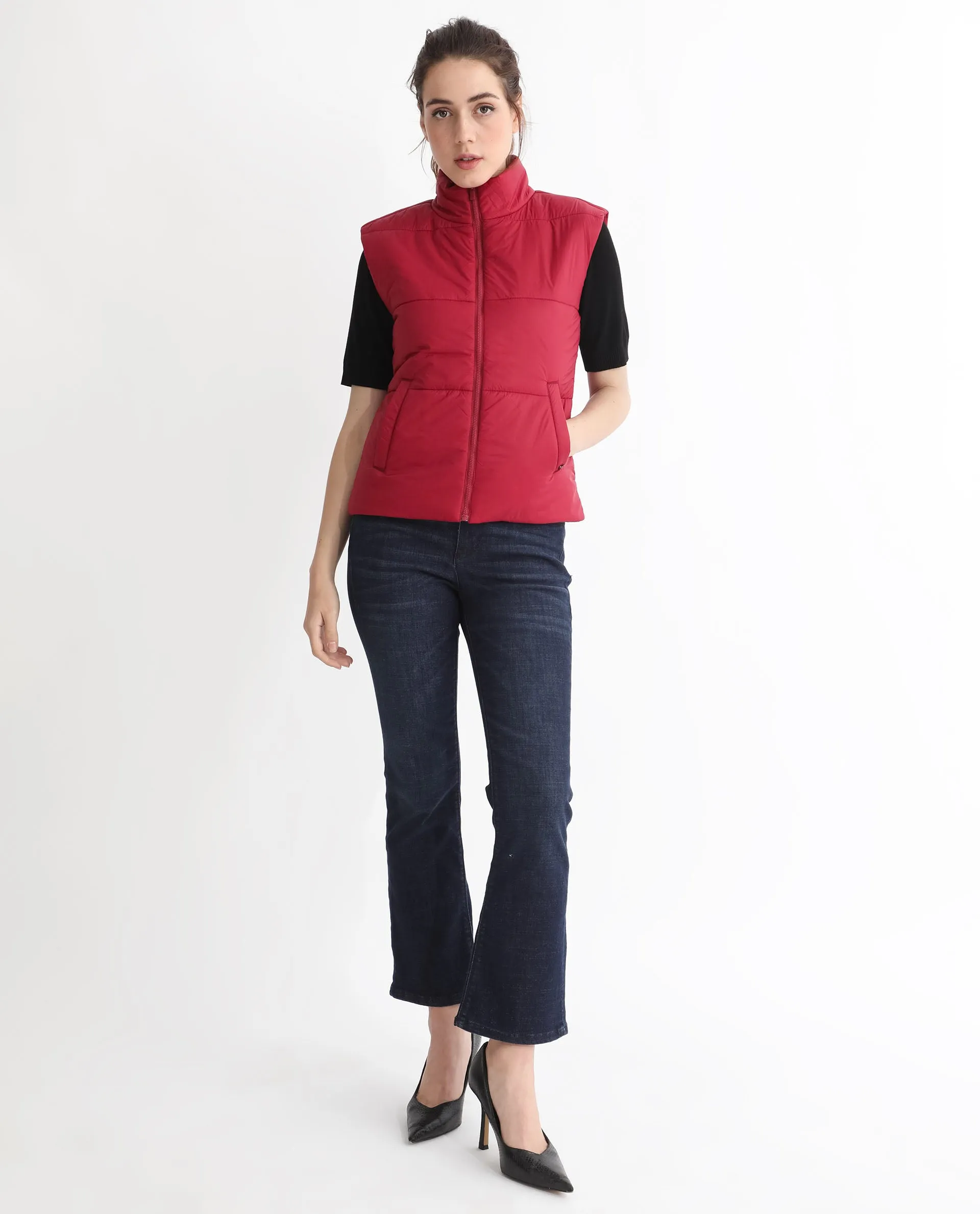 Rareism Women Glasha Sl Red Polyester Fabric Sleeveless Solid High Neck Jacket