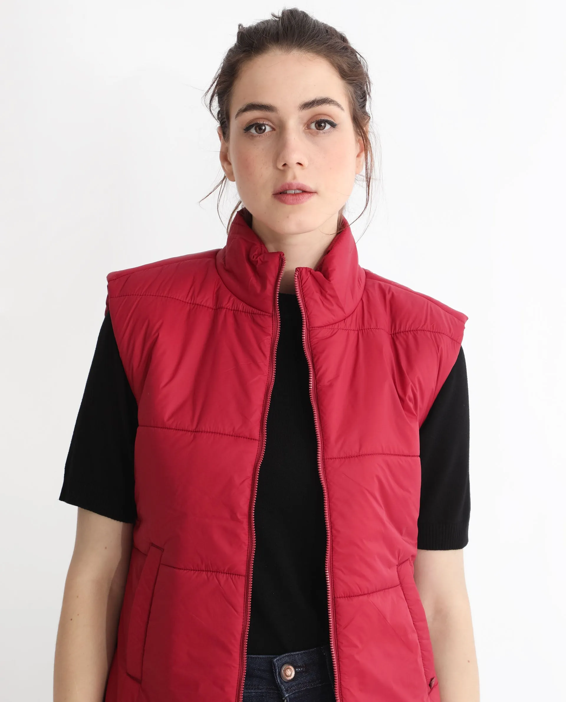 Rareism Women Glasha Sl Red Polyester Fabric Sleeveless Solid High Neck Jacket