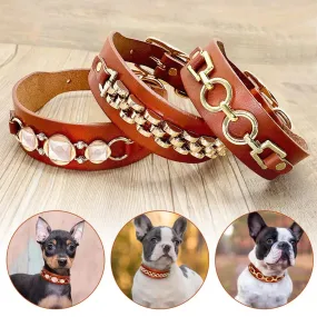 Real Leather Dog Collar - Durable Bling Rhinestone Collars with Cool Metal Accessories for Small and Medium Dogs