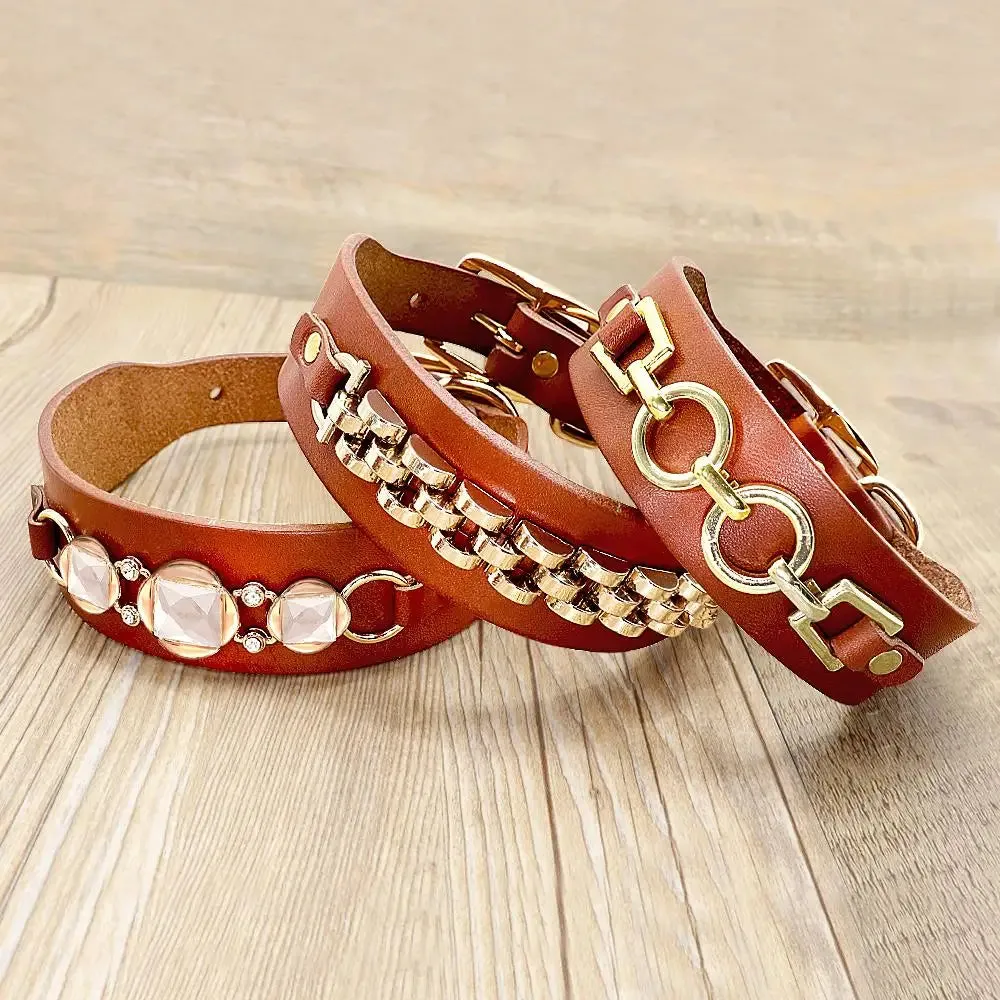 Real Leather Dog Collar - Durable Bling Rhinestone Collars with Cool Metal Accessories for Small and Medium Dogs