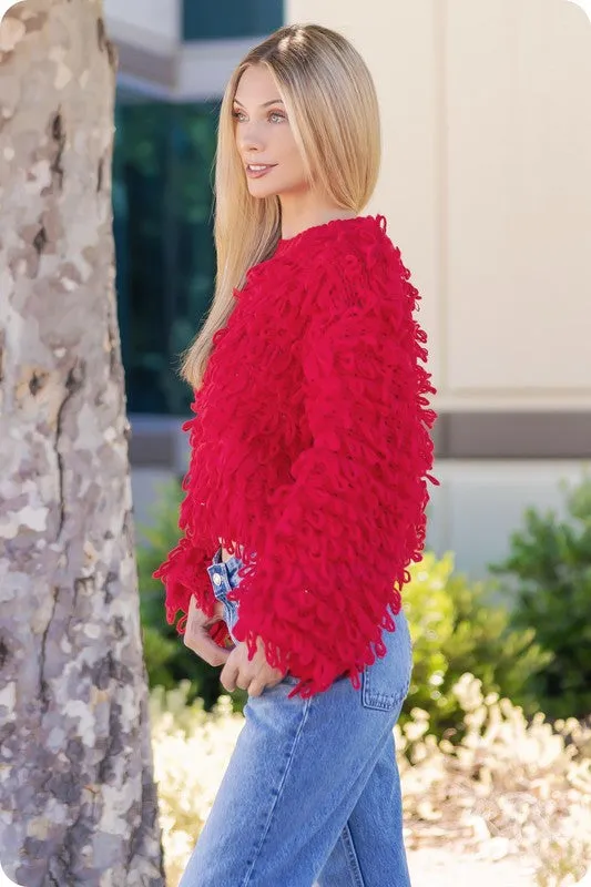 Red Knitted Fringe Shaggy Sweater