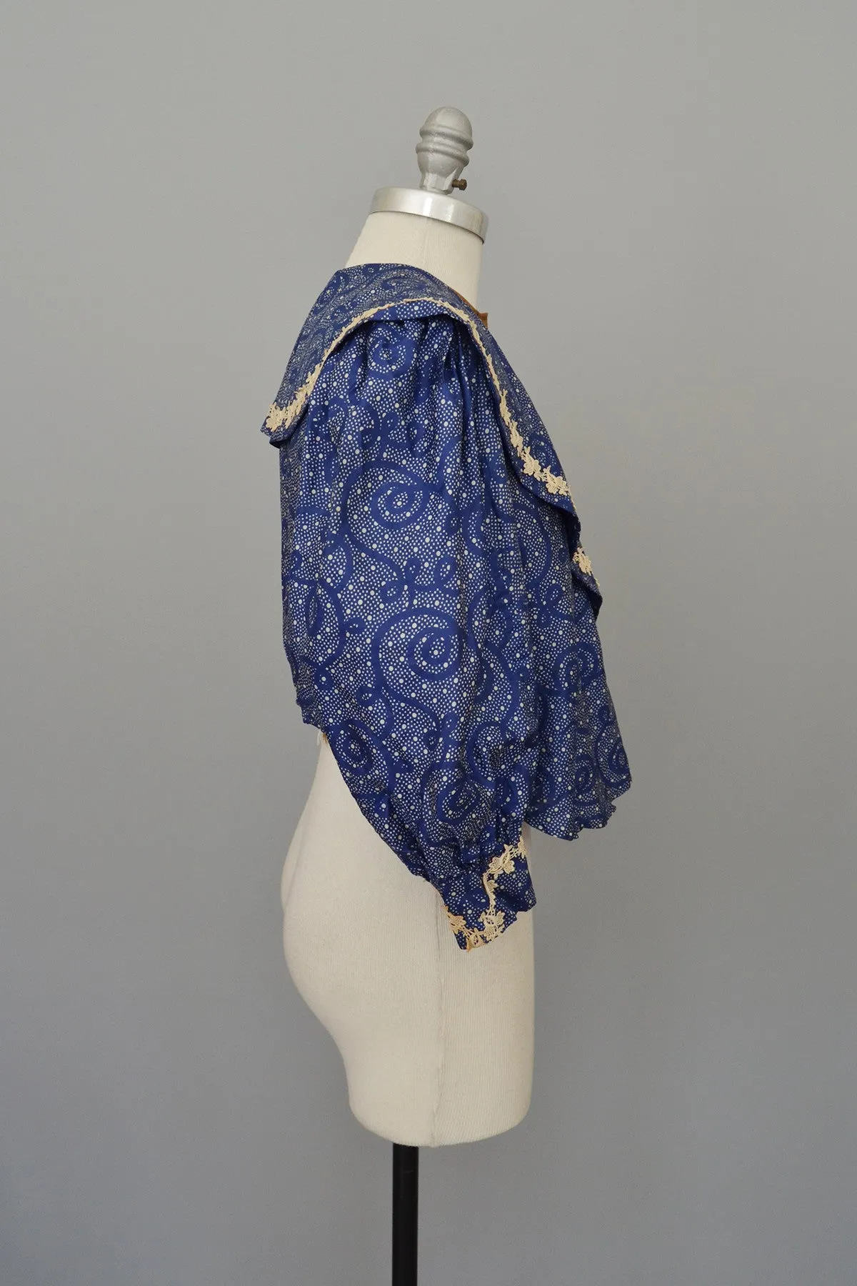 RESERVED on layaway Victorian Era Indigo Blue Swirly Print Bodice