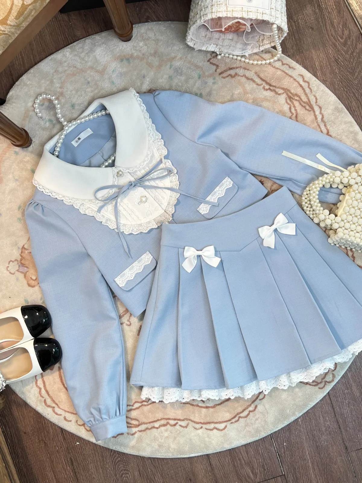 Ruellia Baby Blue Little Bow Jacket Mini Pleated Skirt Two Piece Set