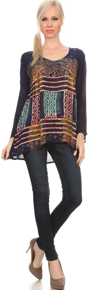 Sakkas Franchesca Sequine Embroidered Aztec Print Long Sleeve Blouse Shirt Top