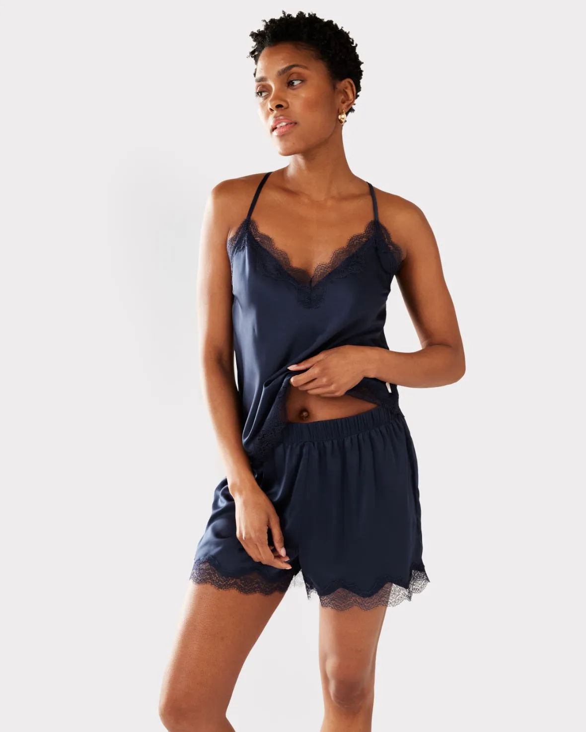 Satin Lace Trim Cami Short Pyjama Set - Navy