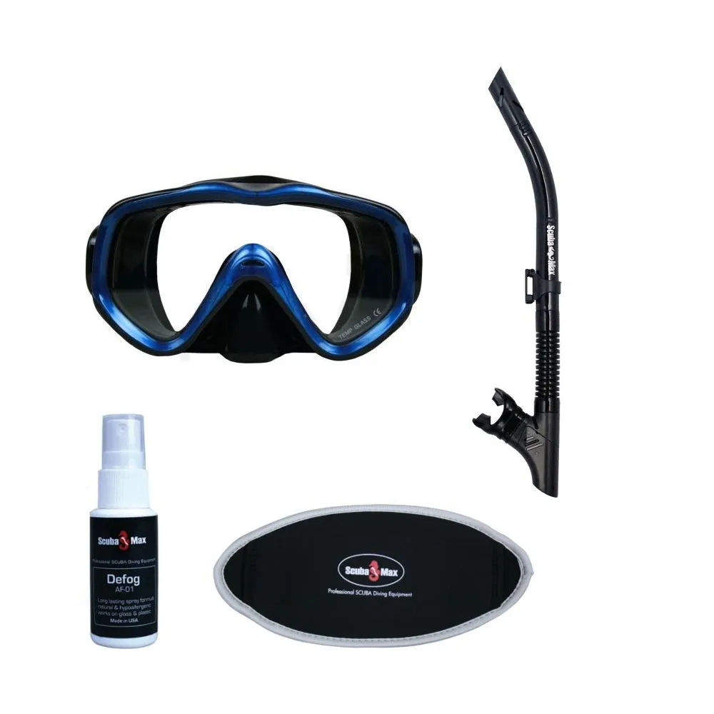 Scuba Max Navigator Medium Skirt Scuba Dive Mask Reflect-Dry Pro Snorkel Neoprene Mask Strap Cover Defog Sprey Snorkel Package