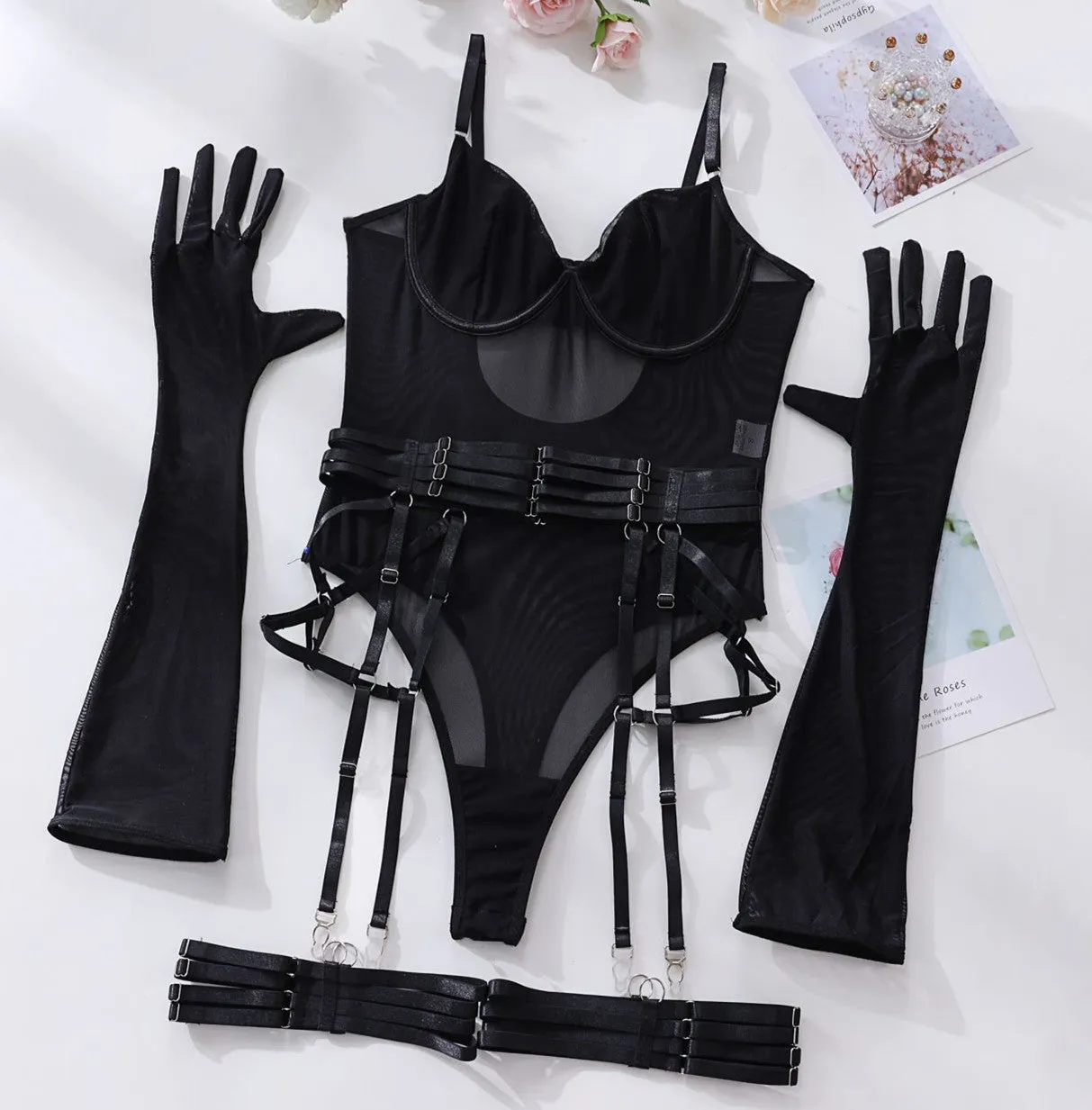 sexy one-piece bodysuit with gloves