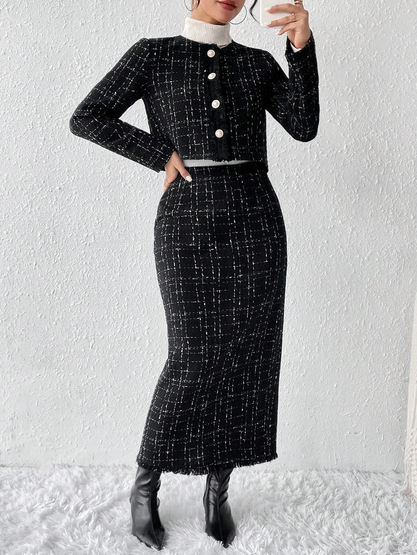 SHEIN Privé Plaid Tweed Jacket & Skirt