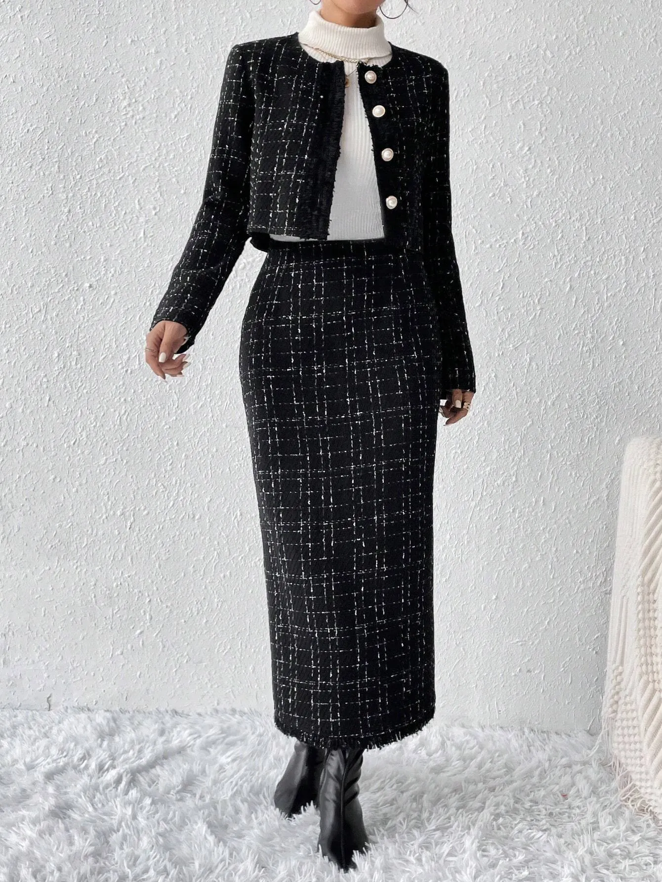 SHEIN Privé Plaid Tweed Jacket & Skirt