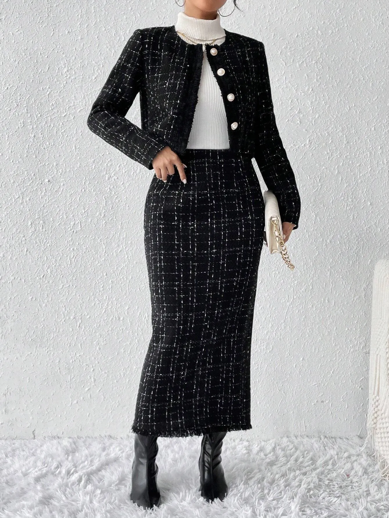 SHEIN Privé Plaid Tweed Jacket & Skirt