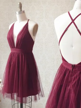 Simple V Neck Backless Burgundy Short Prom Homecoming, Burgundy Backless Formal Graduation Evening