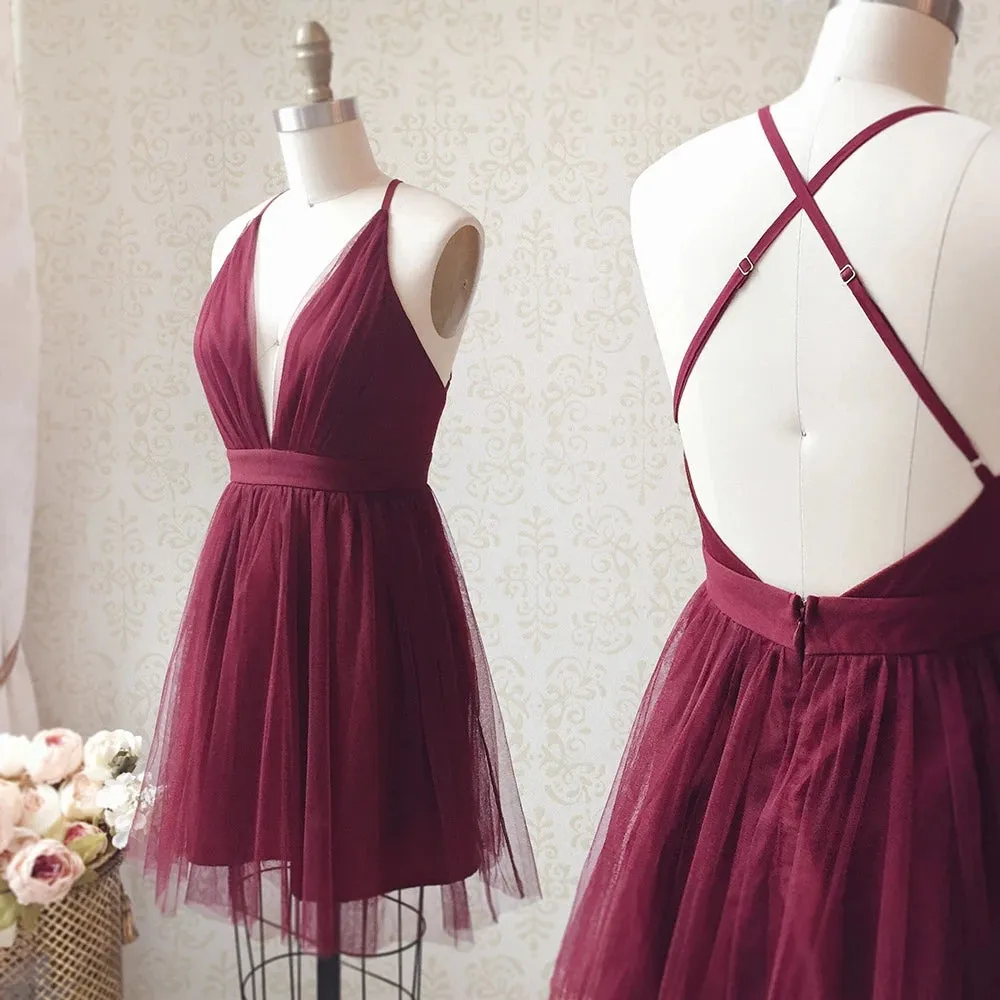 Simple V Neck Backless Burgundy Short Prom Homecoming, Burgundy Backless Formal Graduation Evening