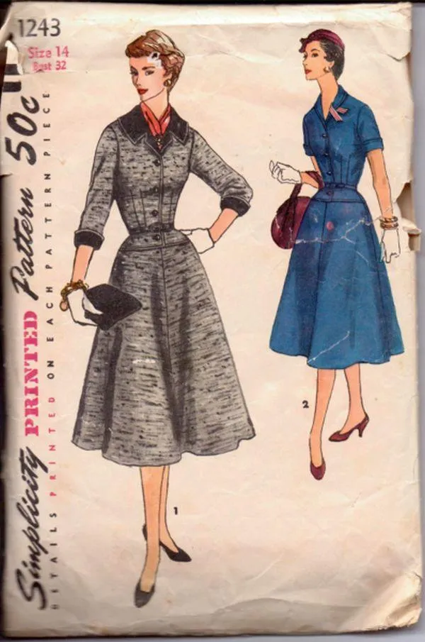 Simplicity 1243 1950's Ladies One Piece Chic Dress Moderately Flared Vintage Sewing Pattern Rare