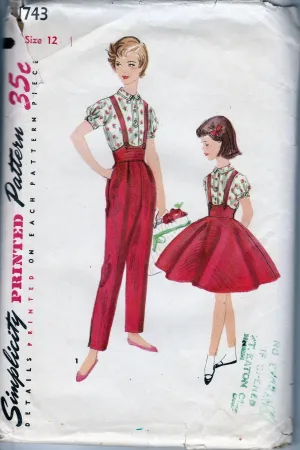 Simplicity 1743 Girls Blouse Suspender Skirt Pants Vintage Pattern 1950's