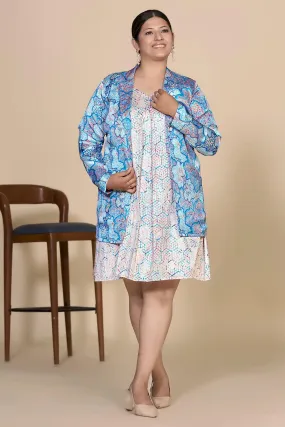 Sky Blue Floral Jacket & Geometric Print Inner Dress Set