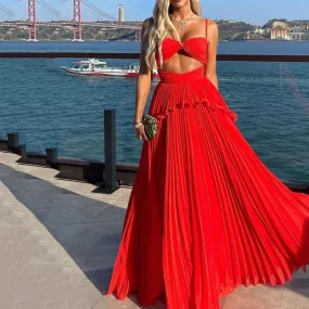 Sleeveless Hollow Belly Pleated Maxi Dress