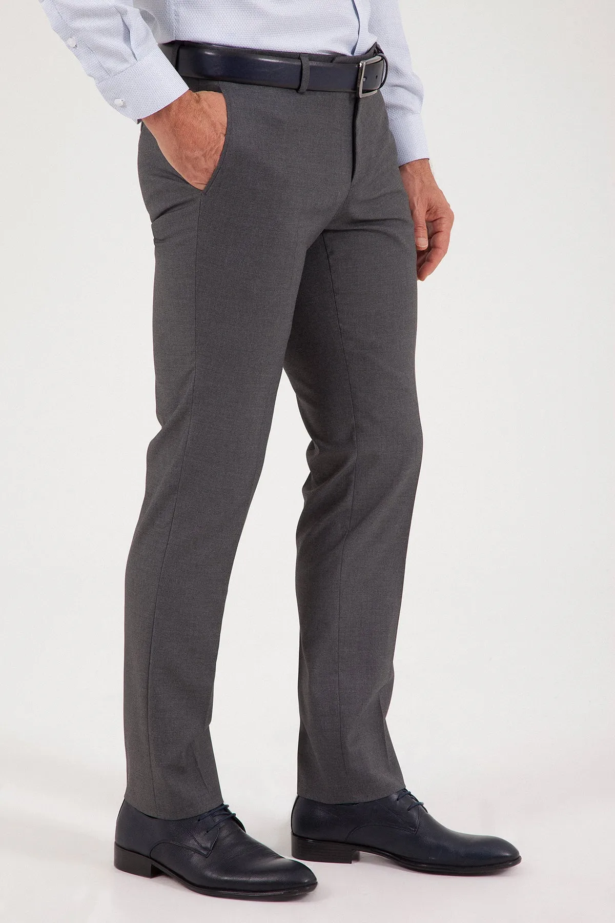 Slim Fit Side Pocket Low Waist Unpleated Wool Gray Dress Pants, Gray