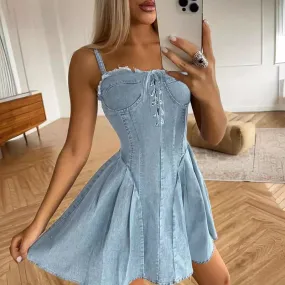 Spaghetti Strap Denim Off Shoulder Bandage Slim Ladies Sexy Slash Neck Pleated Short Summer New Dress