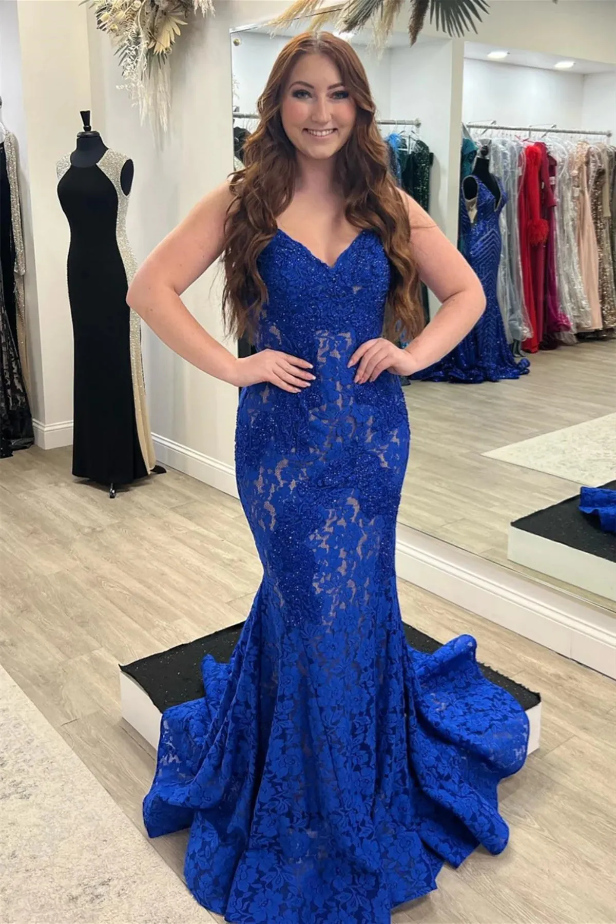 Strapless Mermaid Beaded Royal Blue Lace Long Prom Dress, Mermaid Royal Blue Formal Dress, Royal Blue Lace Evening Dress A1956