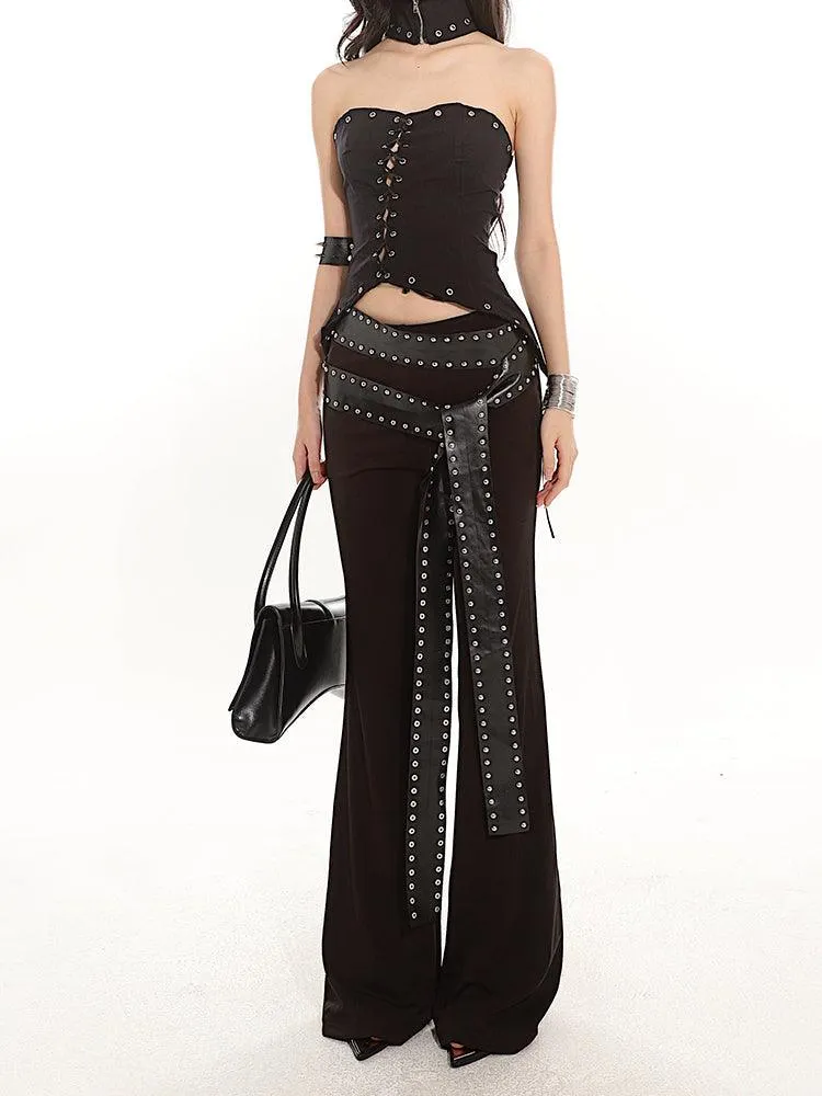 Studded Strap Flared Black Stretch Pants