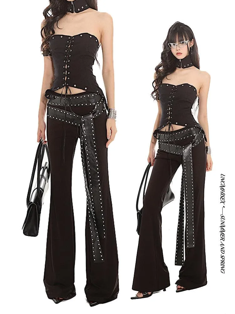 Studded Strap Flared Black Stretch Pants