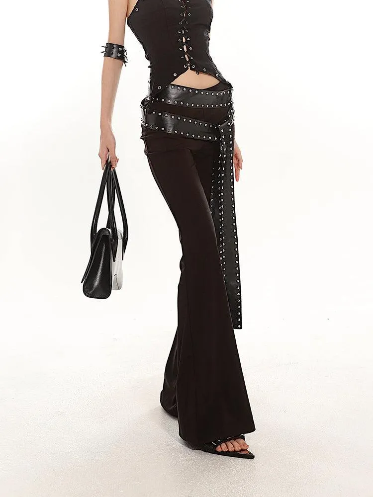 Studded Strap Flared Black Stretch Pants