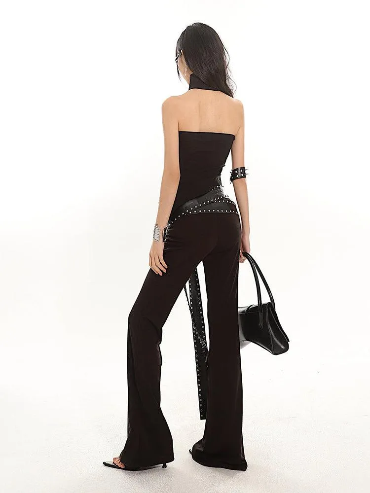 Studded Strap Flared Black Stretch Pants