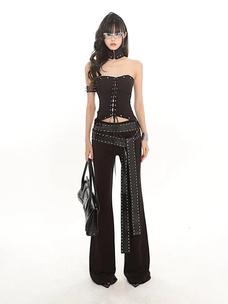 Studded Strap Flared Black Stretch Pants