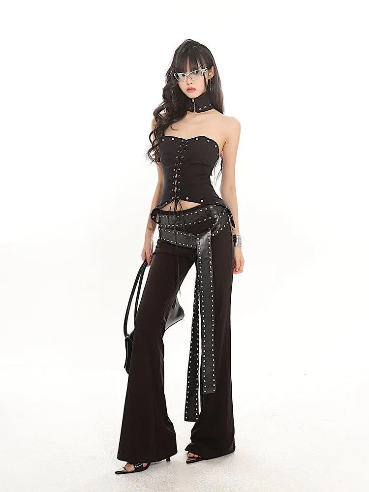 Studded Strap Flared Black Stretch Pants