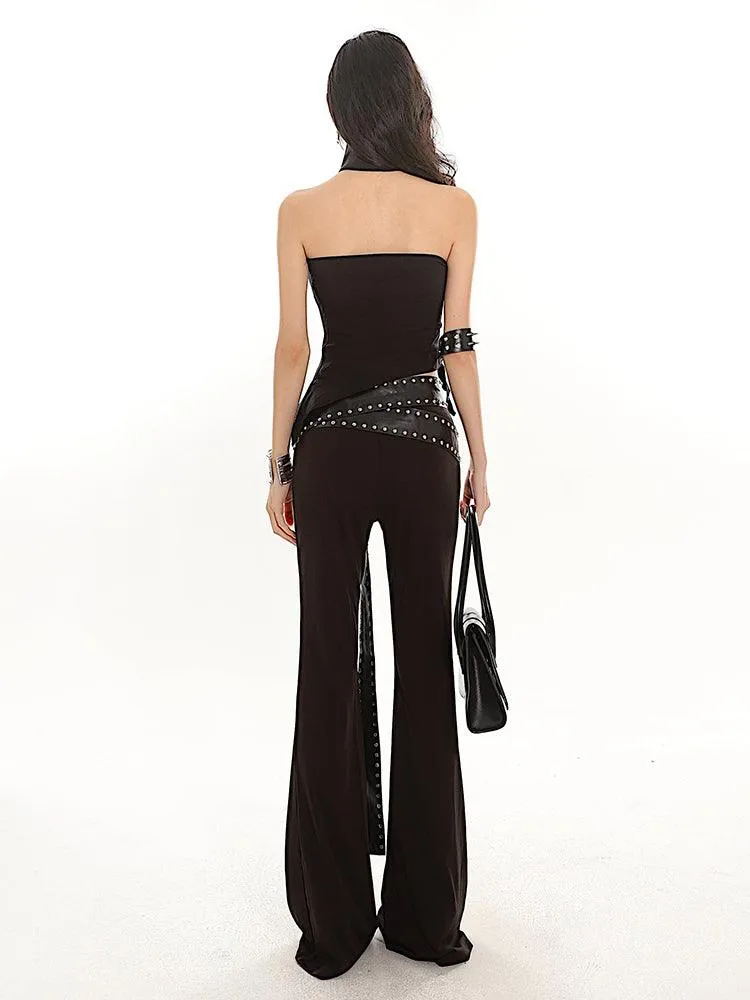 Studded Strap Flared Black Stretch Pants