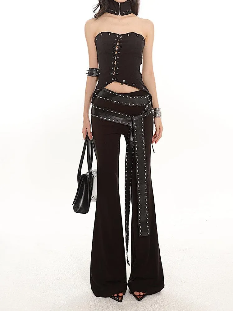 Studded Strap Flared Black Stretch Pants