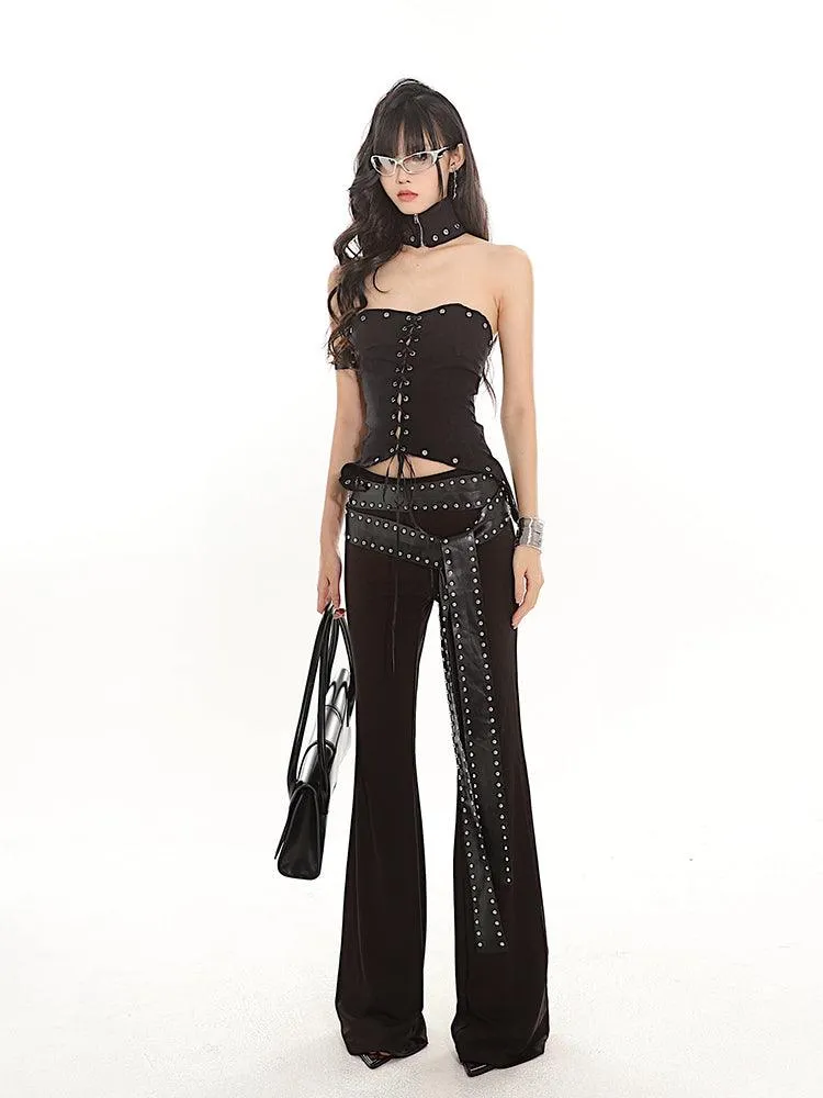 Studded Strap Flared Black Stretch Pants