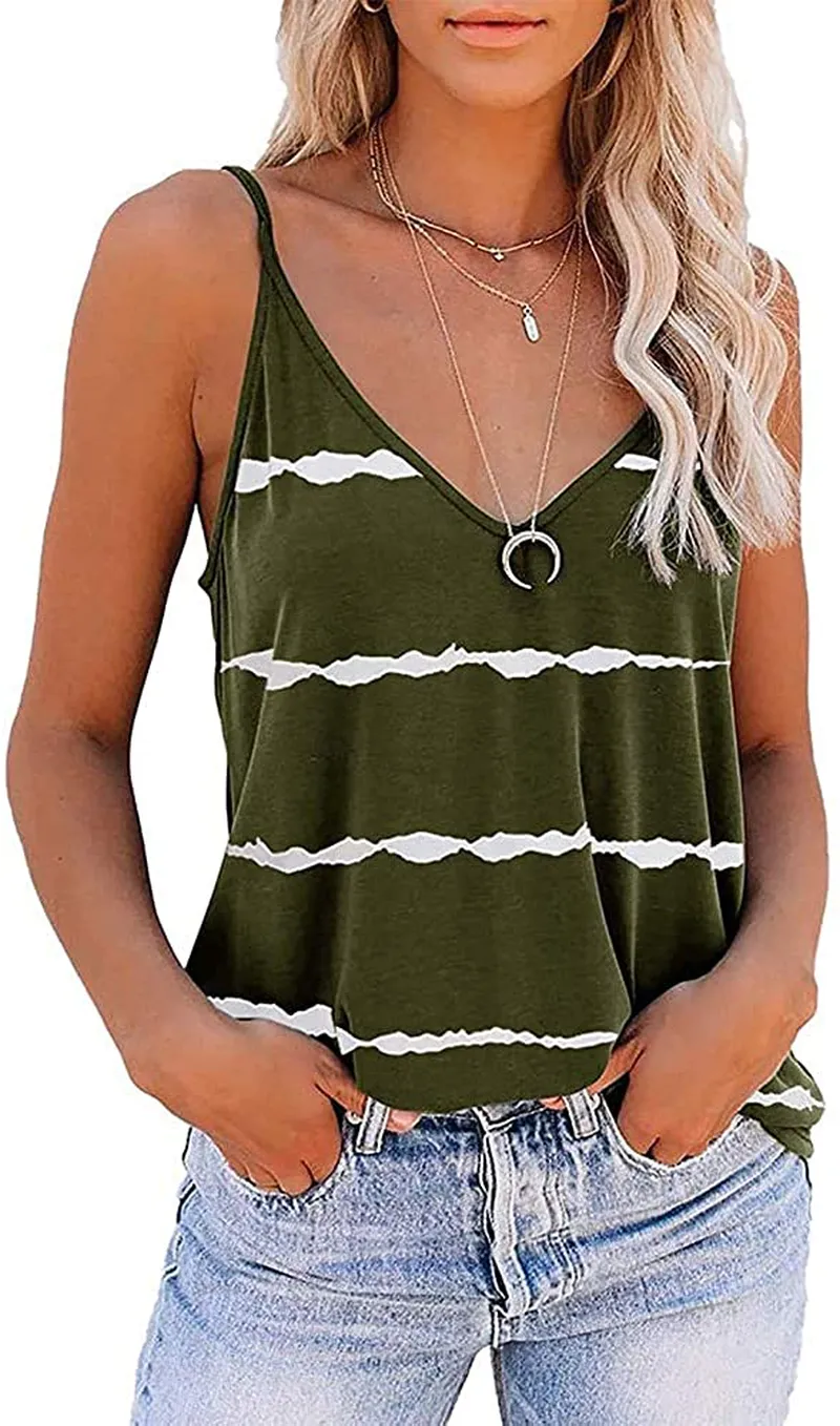 Styyyou Womens Stripe Strappy Cami Top Summer Deep V-Neck Breathable Cool Vest Tops