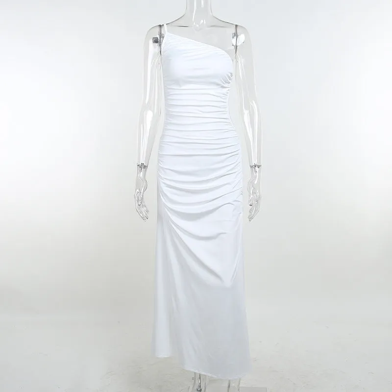 Summer Hollow Out White Midi Ruched Sleeveless Backless Club Khaki Y2K Beach Party Dress