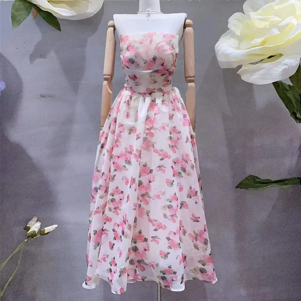 Summer Print Long Dresses For Women Square Collar Sleeveless High Waist Spliced Ruched Sweet Camisole Dress Female