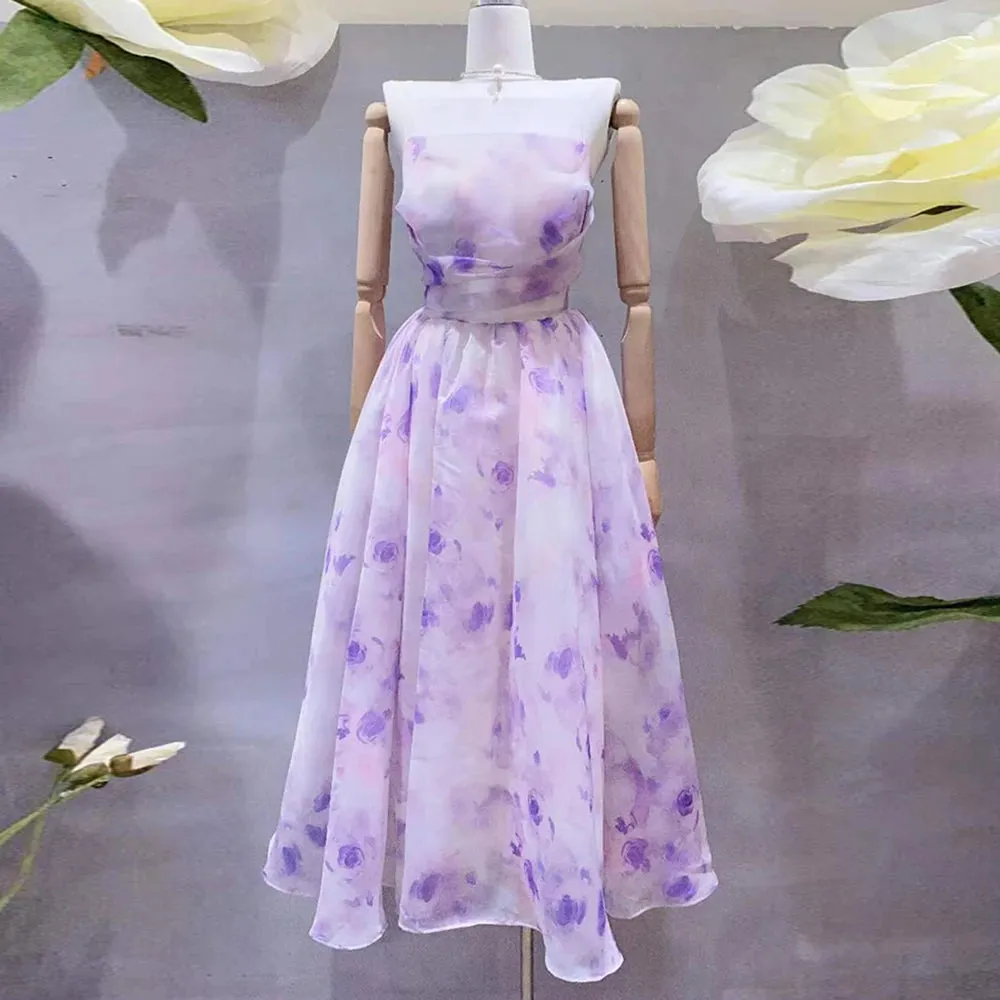 Summer Print Long Dresses For Women Square Collar Sleeveless High Waist Spliced Ruched Sweet Camisole Dress Female