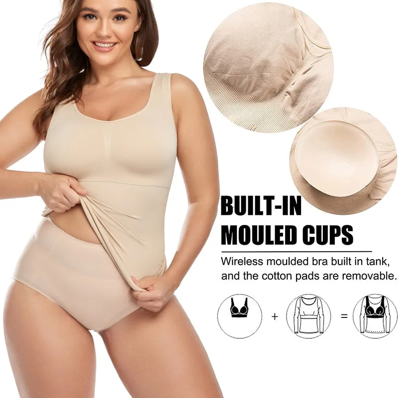 Tank Top Shapewear with Built in Bra Shelf Bra Casual Wide Strap Basic Camisole Sleeveless Top Shaper with Removable Bra