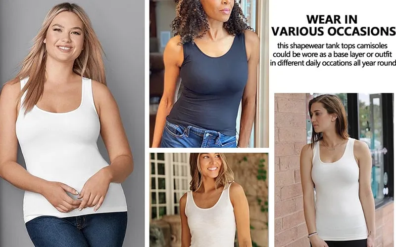 Tank Top Shapewear with Built in Bra Shelf Bra Casual Wide Strap Basic Camisole Sleeveless Top Shaper with Removable Bra