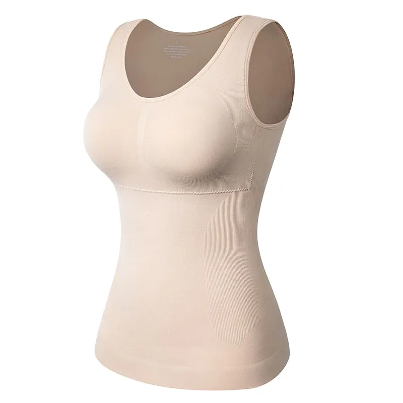 Tank Top Shapewear with Built in Bra Shelf Bra Casual Wide Strap Basic Camisole Sleeveless Top Shaper with Removable Bra