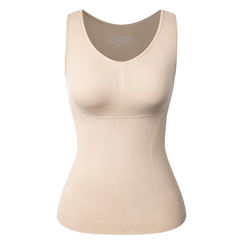 Tank Top Shapewear with Built in Bra Shelf Bra Casual Wide Strap Basic Camisole Sleeveless Top Shaper with Removable Bra