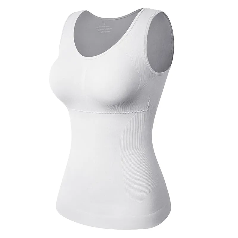 Tank Top Shapewear with Built in Bra Shelf Bra Casual Wide Strap Basic Camisole Sleeveless Top Shaper with Removable Bra